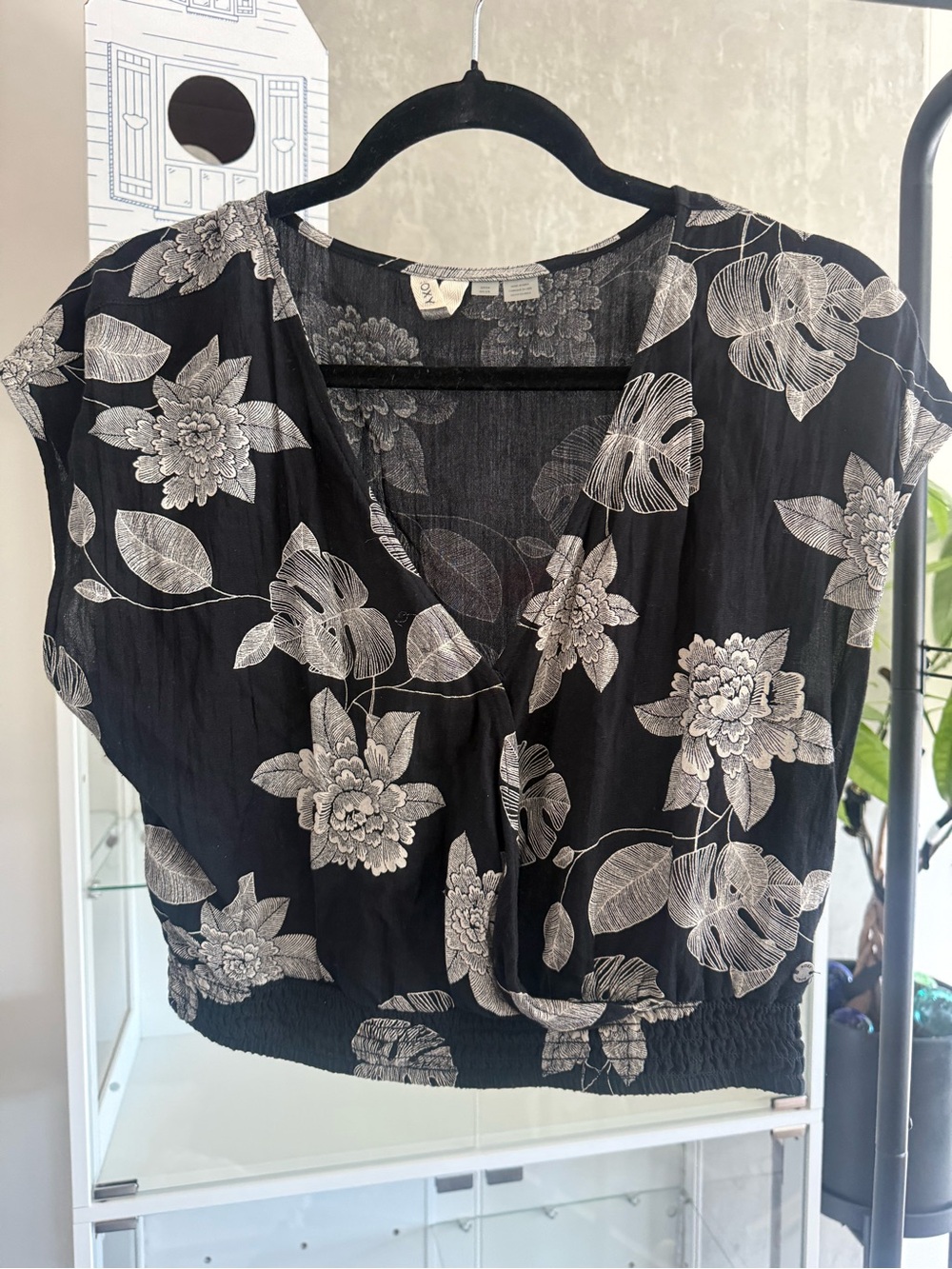 Roxy Black Wrap-Front Crop Top with Ivory Floral Print